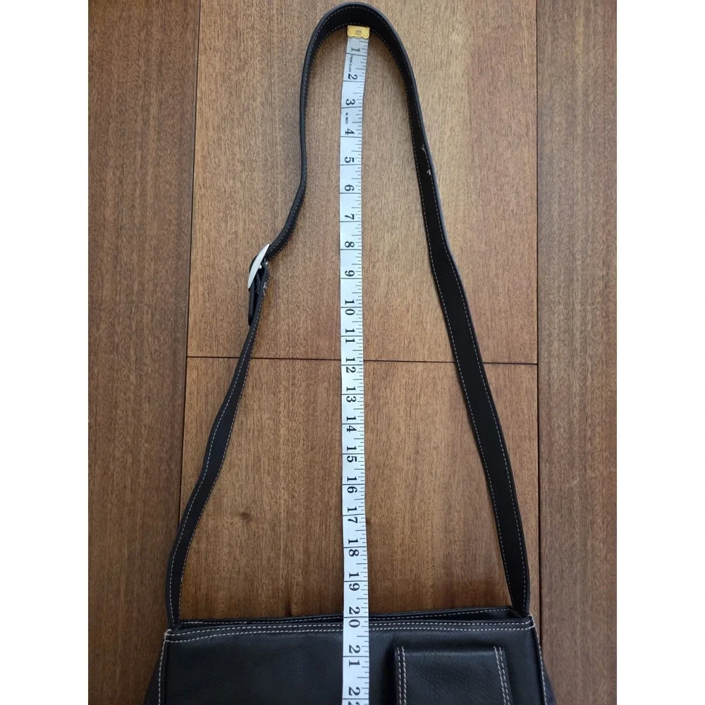 Vtg Preston & York Leather Crossbody Shoulder Purse Adjustable Blk Stitch Trim‎